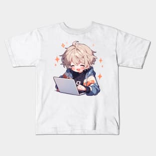 Cute Anime boy using laptop Kids T-Shirt